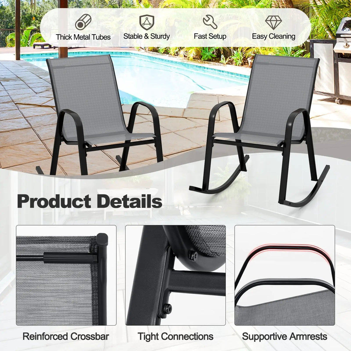 Set of 2 Metal Patio Rocking Chair with Breathable Seat Fabric, photo 21 of 32