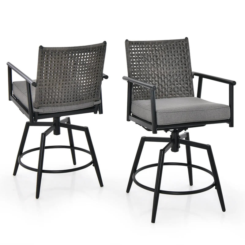 360 Degree Swivel Bar Stool Set of 2 with Metal Frame and PE Rattan Backrest-Black by DirectDeals