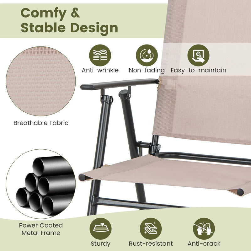 Set of 2 Patio Folding Bar-Height Chairs with Armrests and Quick-Drying Seat-Beige by DirectDeals