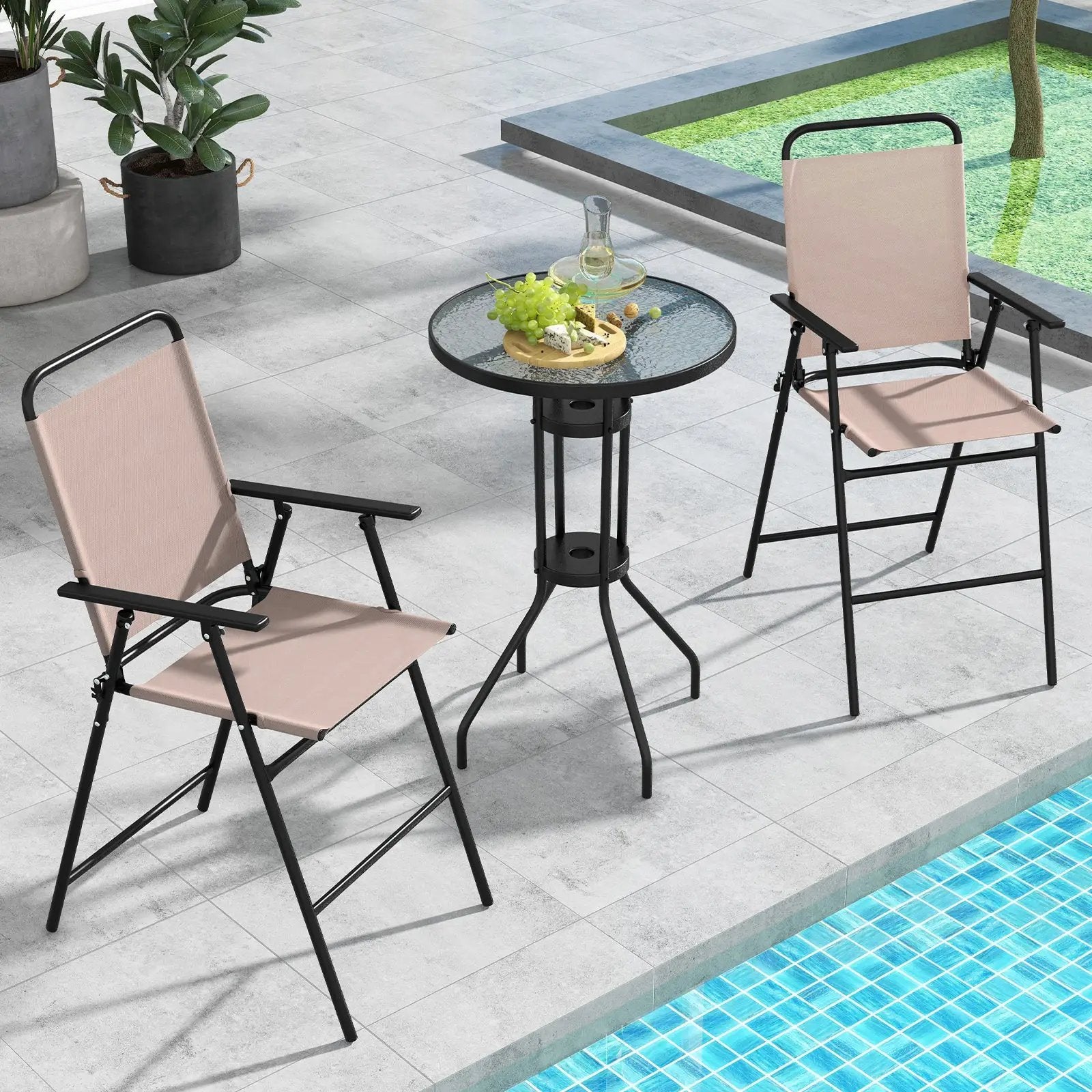 3 Pieces Outdoor Bistro Set with 2 Folding Chairs-Beige by DirectDeals