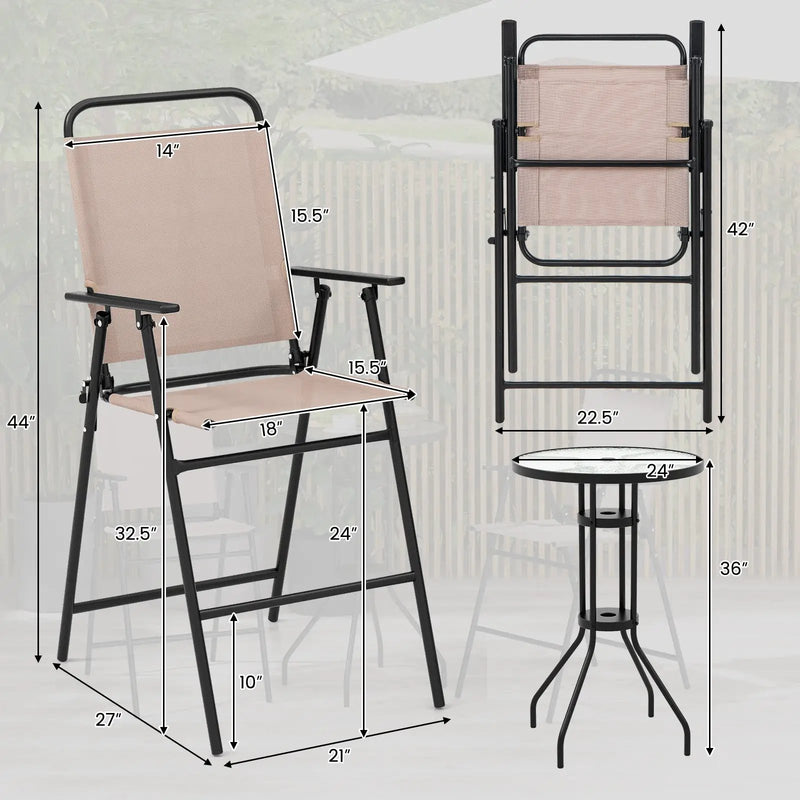 3 Pieces Outdoor Bistro Set with 2 Folding Chairs-Beige by DirectDeals