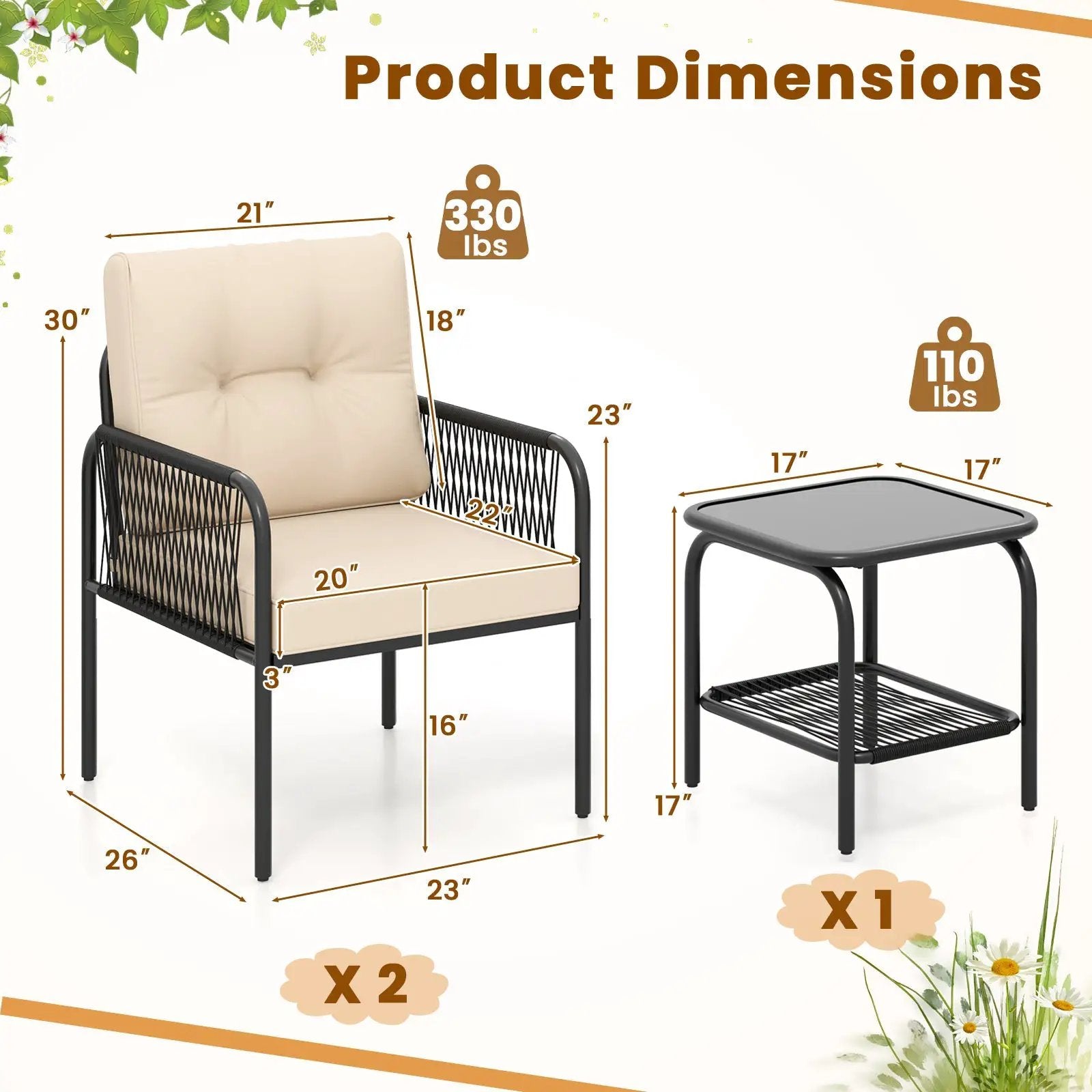 3 Pieces Patio Bistro PE Outdoor Wicker Rattan Furniture Conversation Set-Beige by DirectDeals