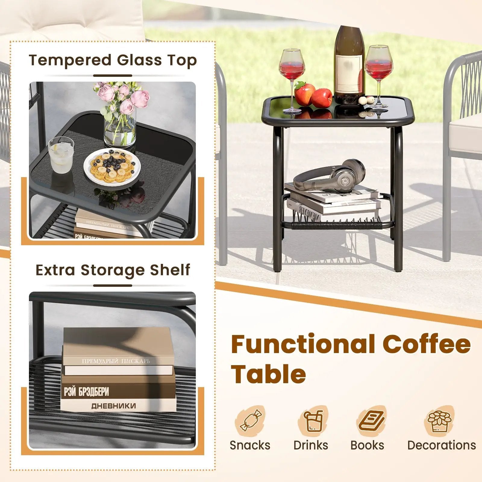 3 Pieces Patio Bistro PE Outdoor Wicker Rattan Furniture Conversation Set-Beige by DirectDeals