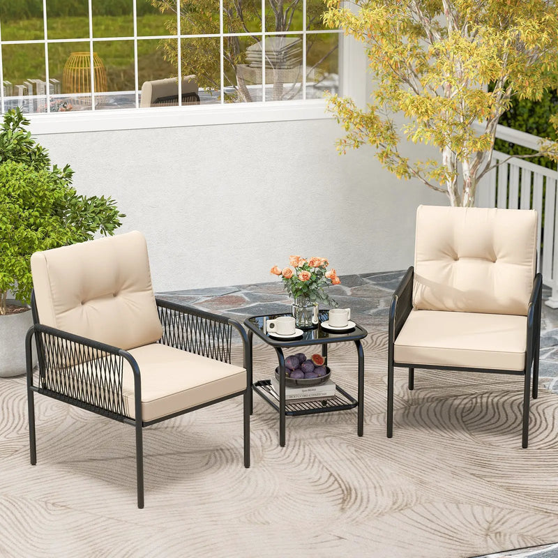3 Pieces Patio Bistro PE Outdoor Wicker Rattan Furniture Conversation Set-Beige by DirectDeals