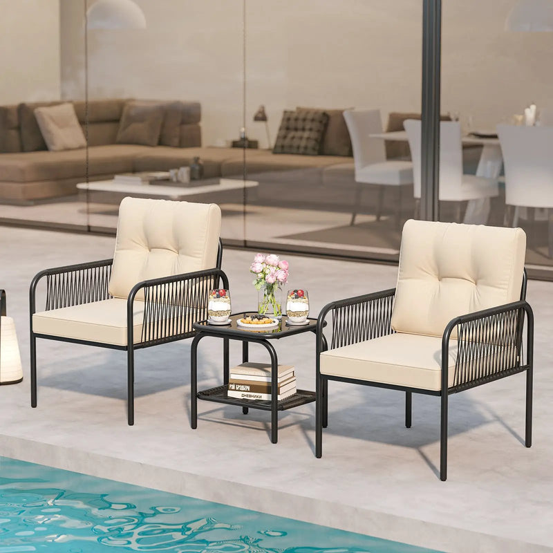 3 Pieces Patio Bistro PE Outdoor Wicker Rattan Furniture Conversation Set-Beige by DirectDeals