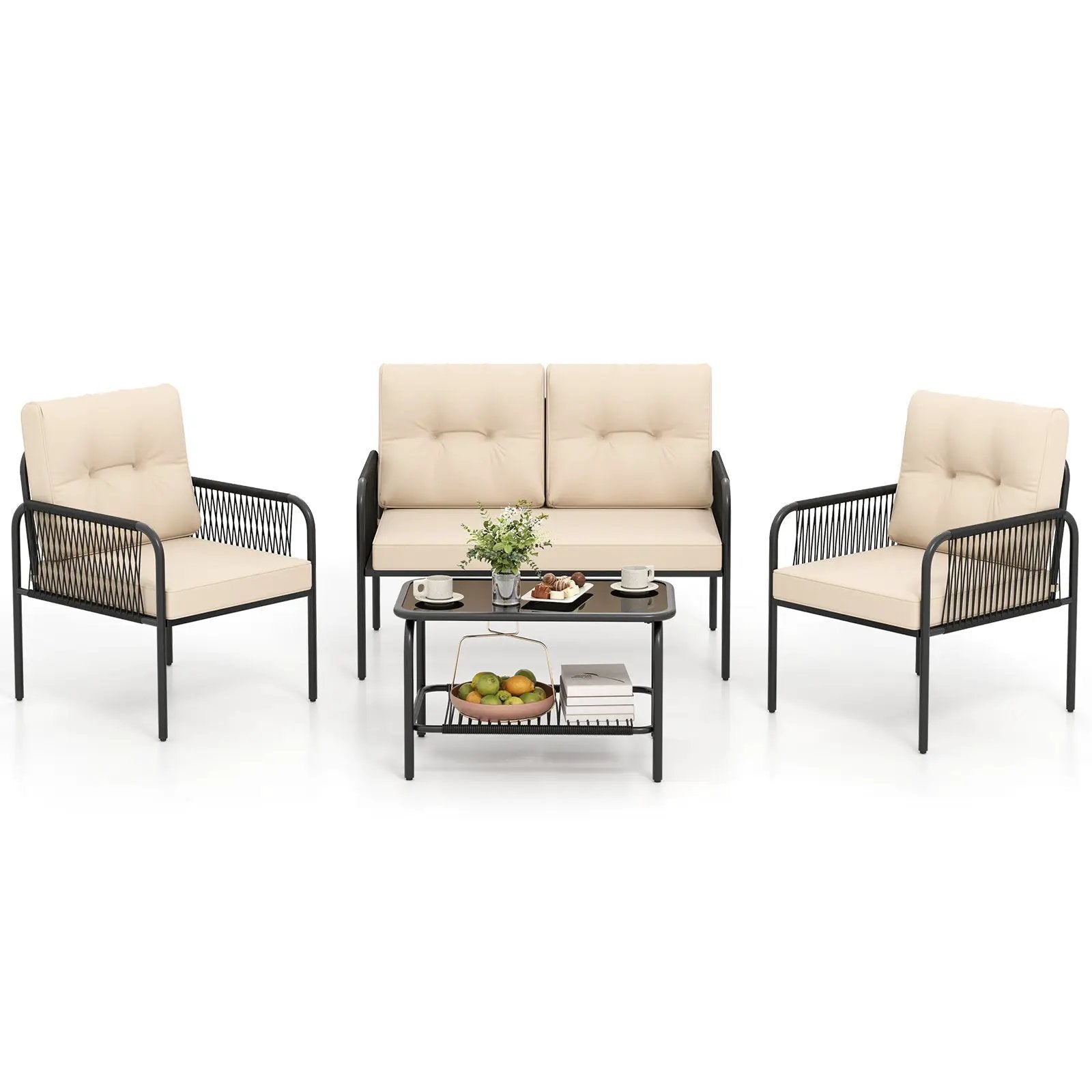 4 Pieces Patio Furniture Set PE Rattan Sofa Chairs with Loveseat-Beige by DirectDeals