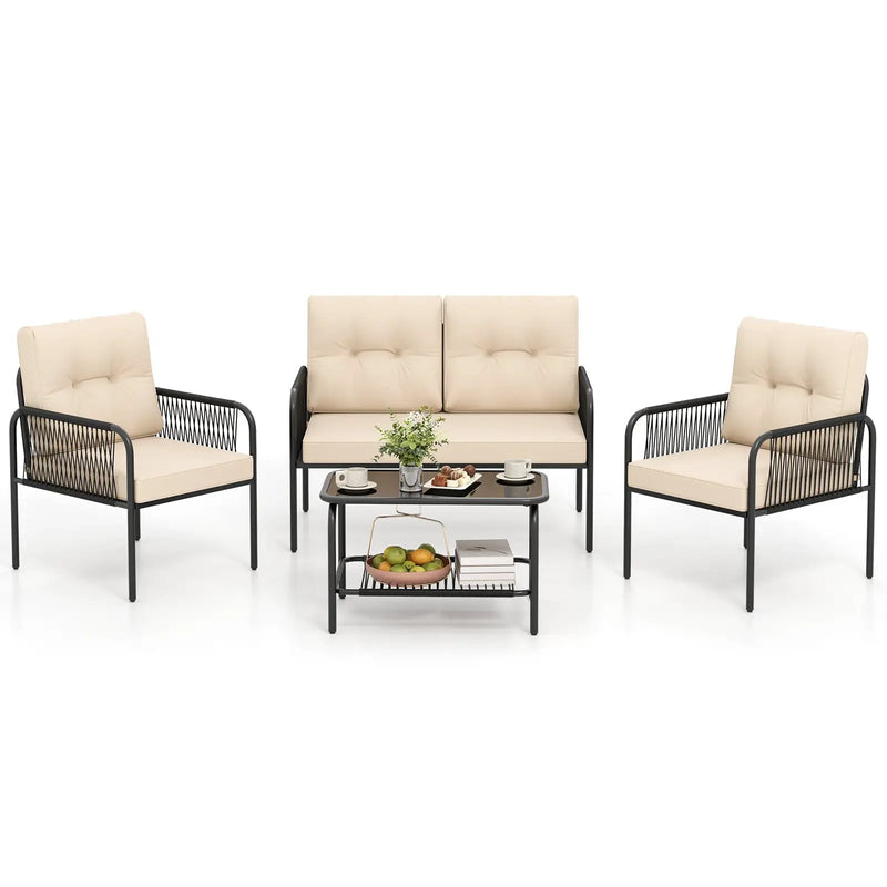 4 Pieces Patio Furniture Set PE Rattan Sofa Chairs with Loveseat-Beige by DirectDeals