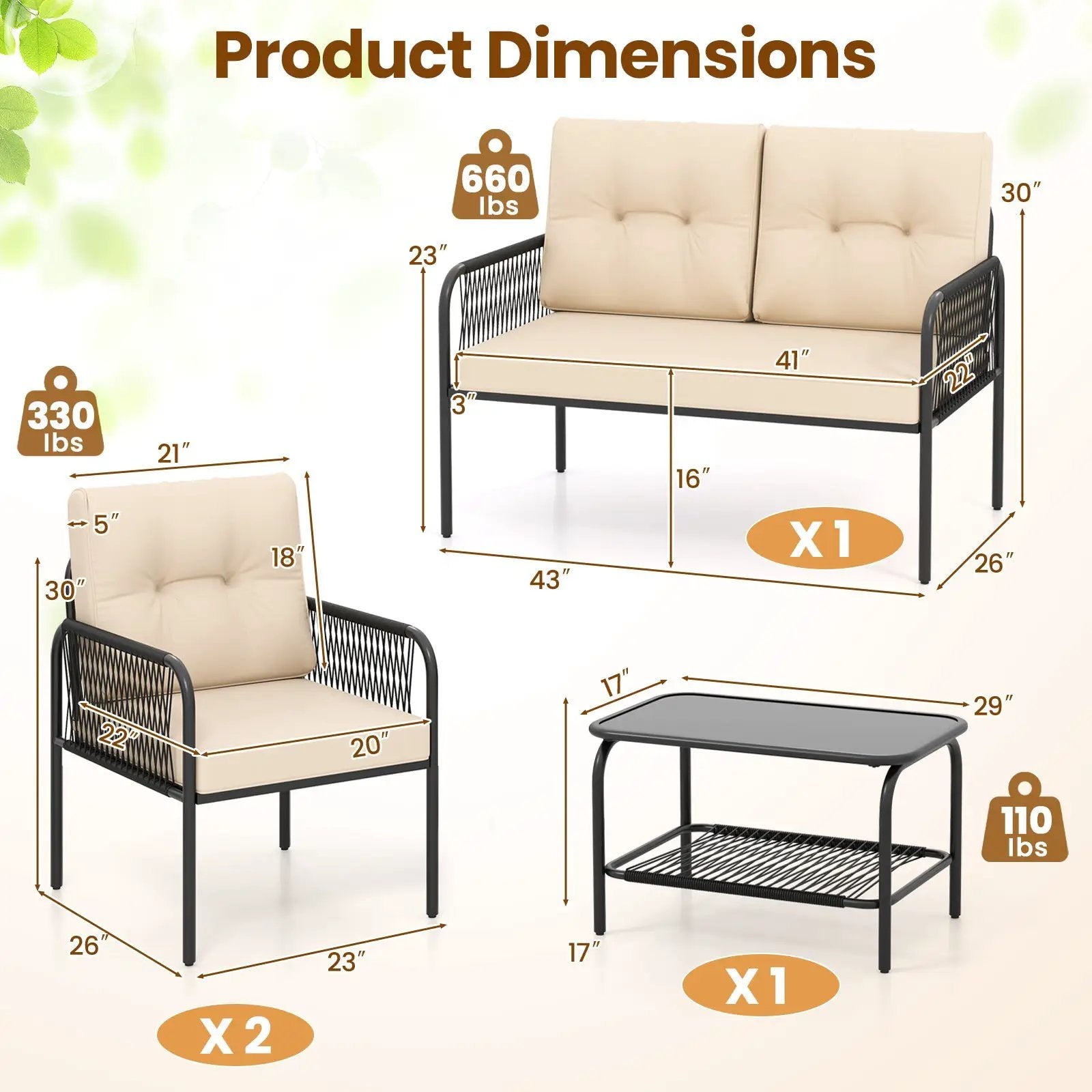 4 Pieces Patio Furniture Set PE Rattan Sofa Chairs with Loveseat-Beige by DirectDeals