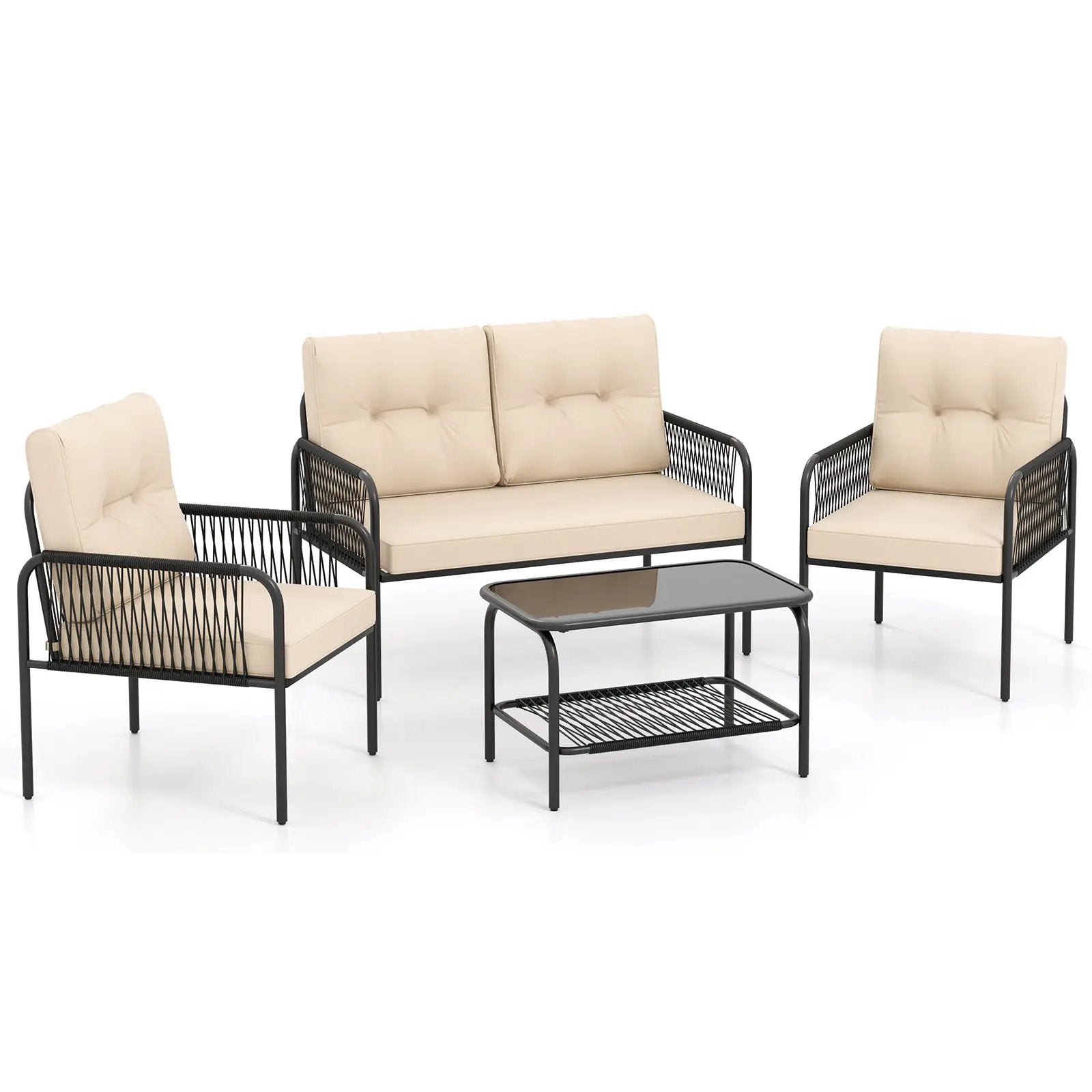 4 Pieces Patio Furniture Set PE Rattan Sofa Chairs with Loveseat-Beige by DirectDeals