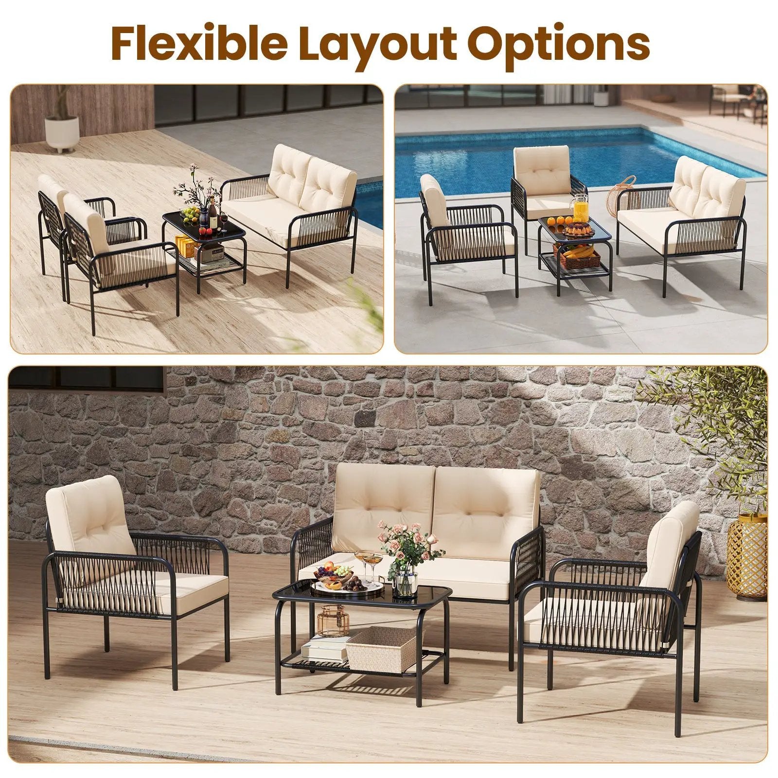 4 Pieces Patio Furniture Set PE Rattan Sofa Chairs with Loveseat-Beige by DirectDeals