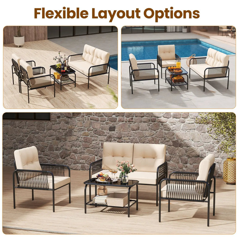 4 Pieces Patio Furniture Set PE Rattan Sofa Chairs with Loveseat-Beige by DirectDeals