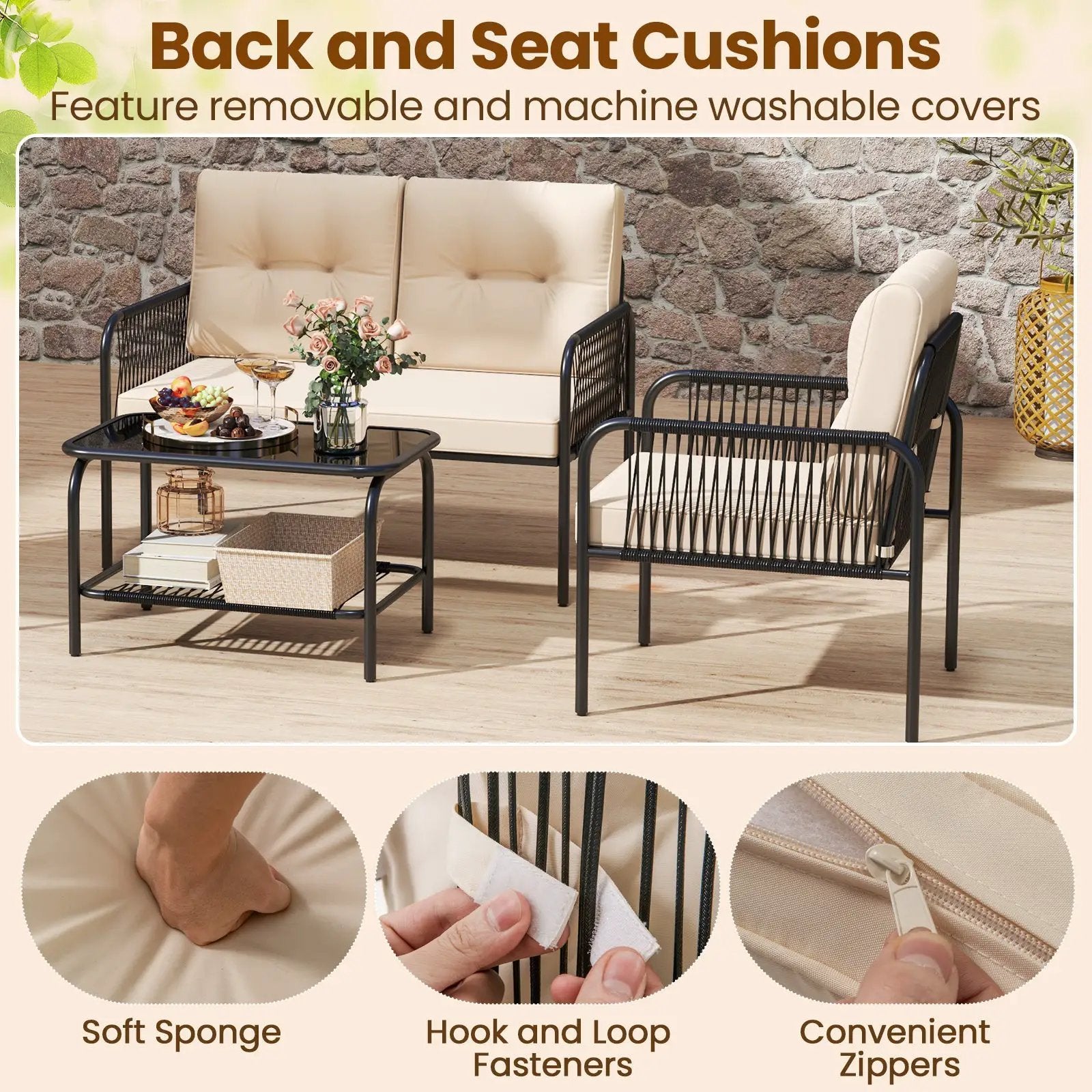 4 Pieces Patio Furniture Set PE Rattan Sofa Chairs with Loveseat-Beige by DirectDeals