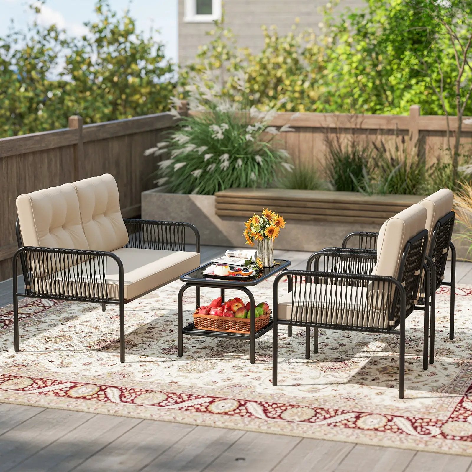 4 Pieces Patio Furniture Set PE Rattan Sofa Chairs with Loveseat-Beige by DirectDeals