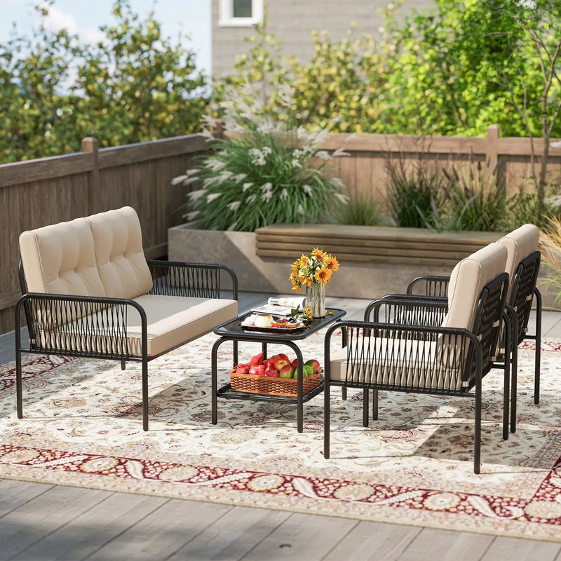 4 Pieces Patio Furniture Set PE Rattan Sofa Chairs with Loveseat-Beige by DirectDeals