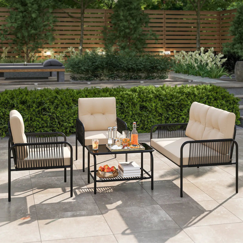 4 Pieces Patio Furniture Set PE Rattan Sofa Chairs with Loveseat-Beige by DirectDeals