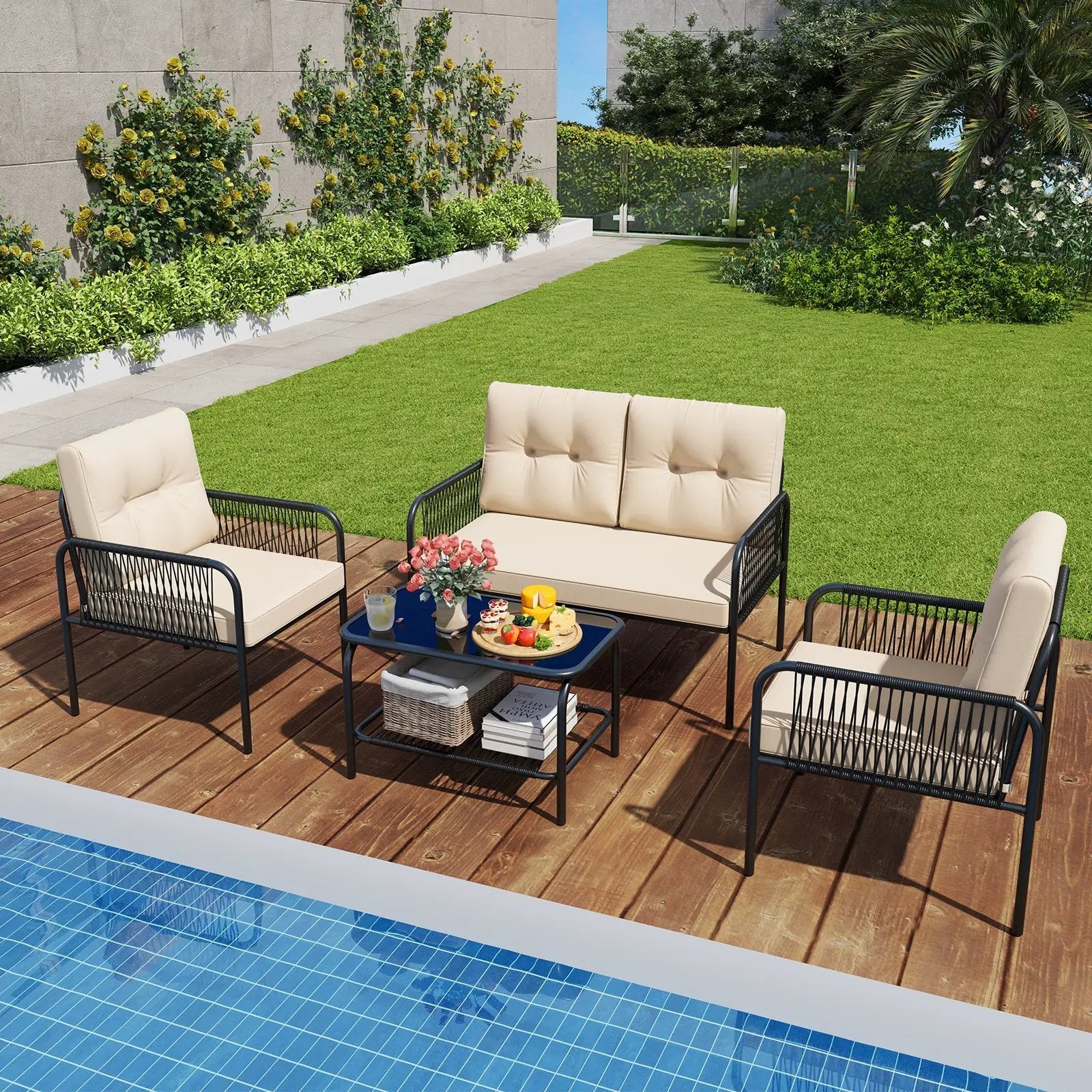 4 Pieces Patio Furniture Set PE Rattan Sofa Chairs with Loveseat-Beige by DirectDeals