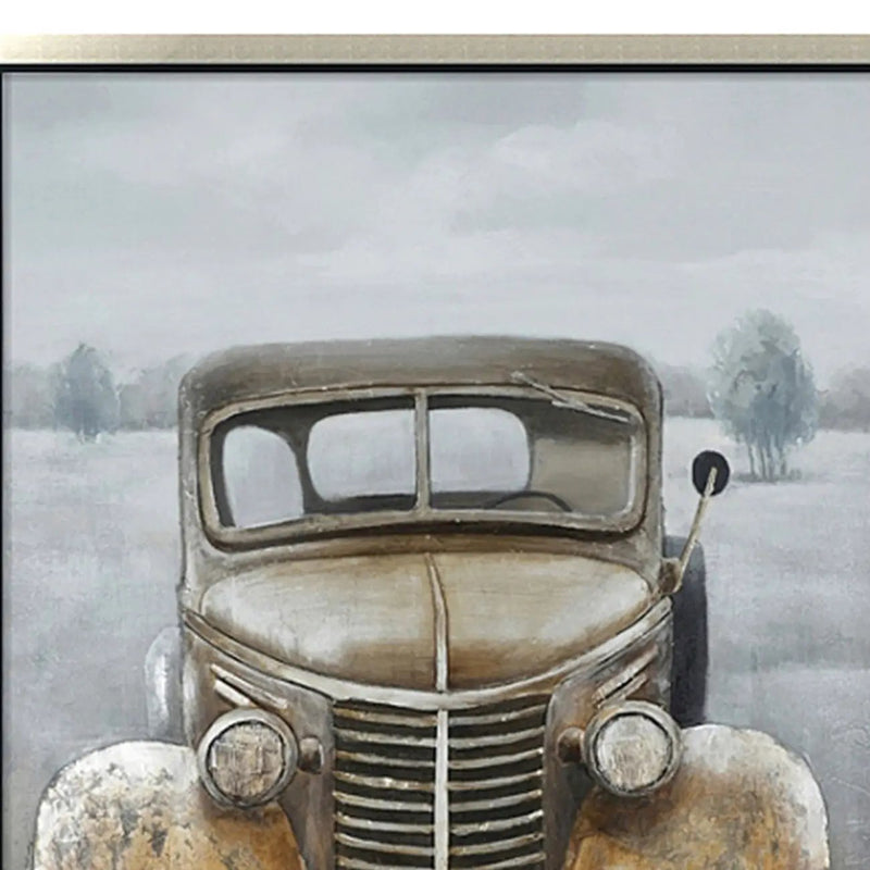 Hand Painted Acrylic and Aluminum 3D Wall Art Vintage Truck 39 x 59 Rectangular Canvas with a Grey Wooden Frame by Sharicks