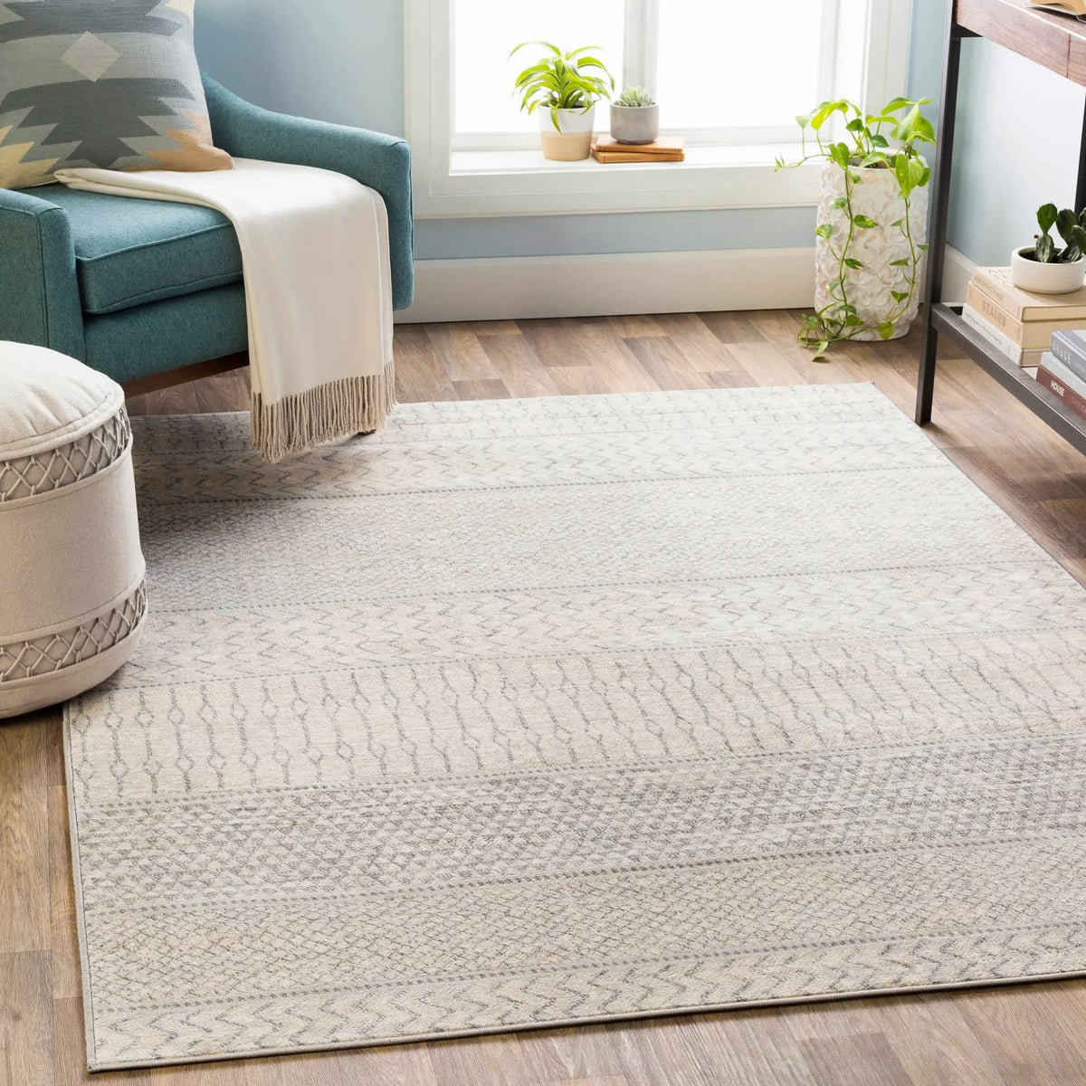 Nunda Gray Rug, installed in a room