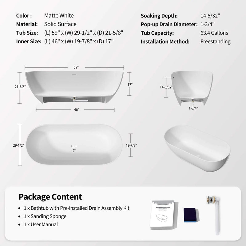 Nuvia 59-Inch Luxury Solid Surface Matte White Freestanding Soaking Tub (SAK95320) by SAKSBY WHOLESALE