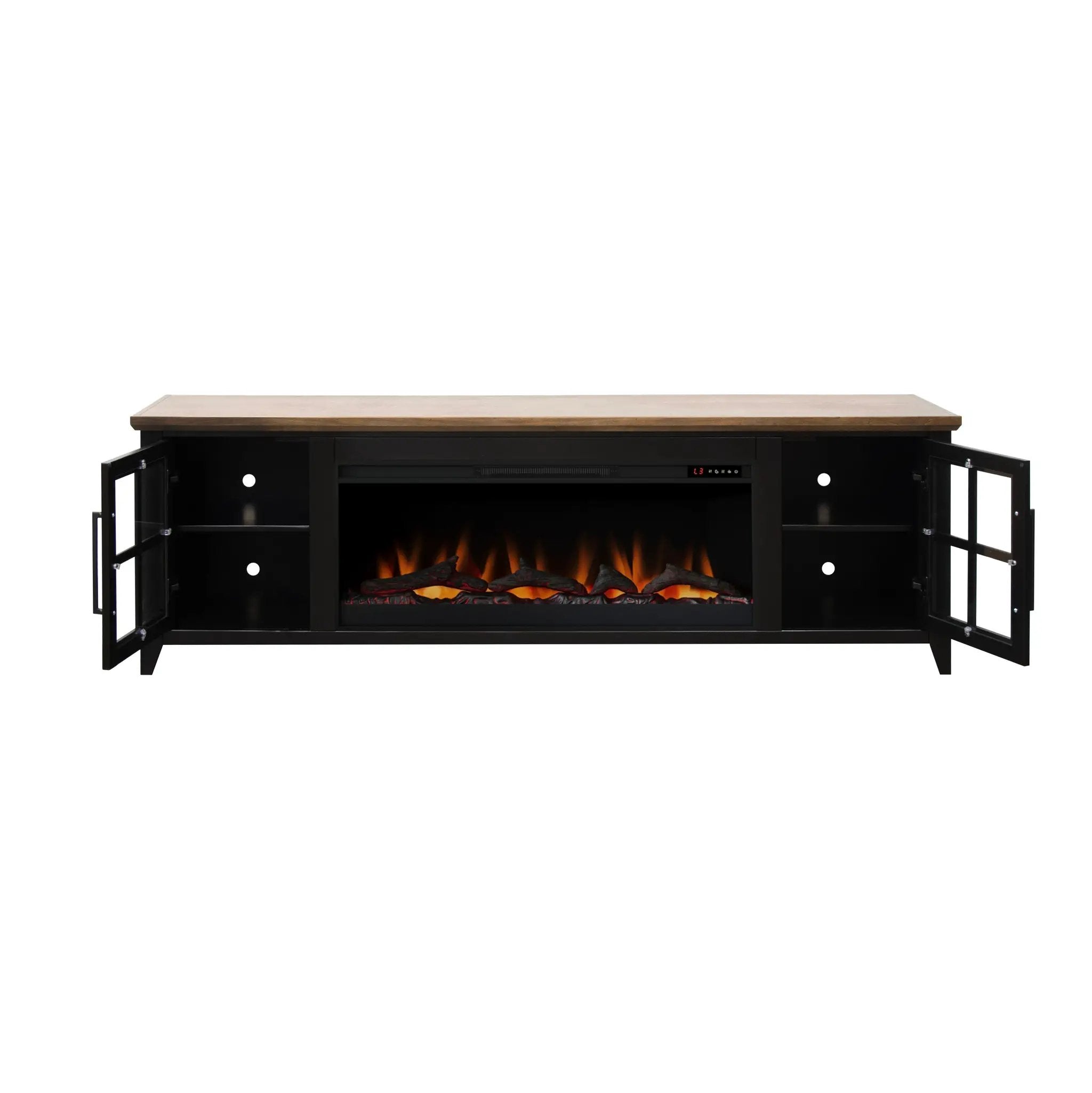 Nuvia 83-Inch Bourbon Black TV Stand With Fireplace And Glass Windowpane Doors (SAK40281) by SAKSBY WHOLESALE