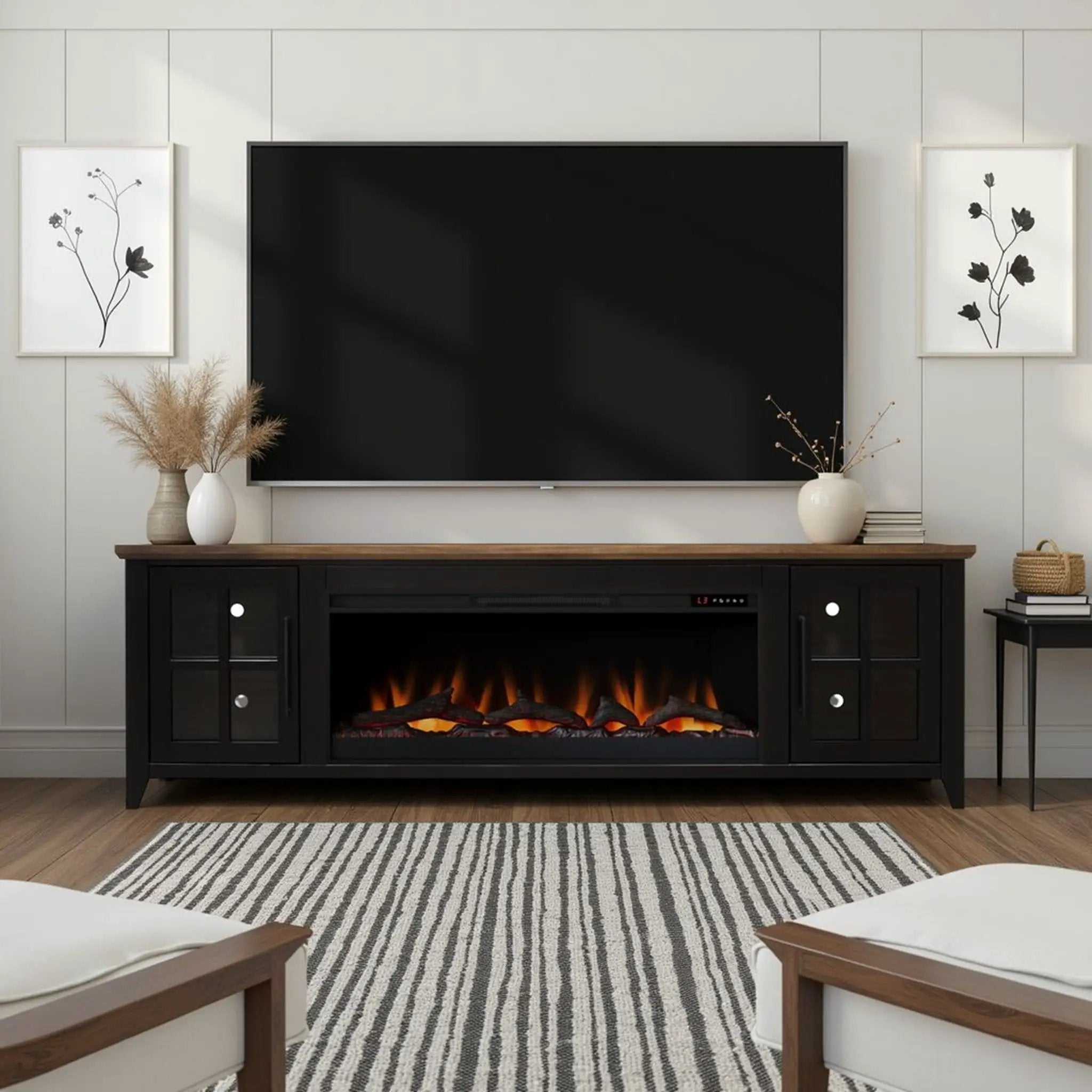 Nuvia 83-Inch Bourbon Black TV Stand With Fireplace And Glass Windowpane Doors (SAK40281) by SAKSBY WHOLESALE