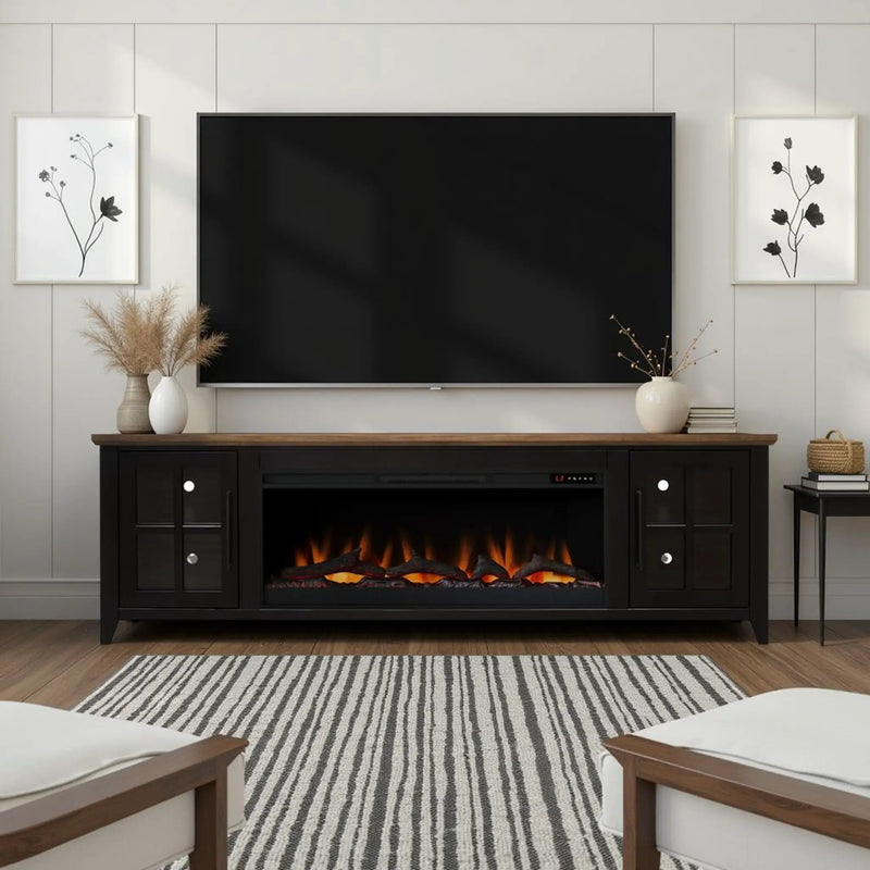 Nuvia 83-Inch Bourbon Black TV Stand With Fireplace And Glass Windowpane Doors (SAK40281) by SAKSBY WHOLESALE