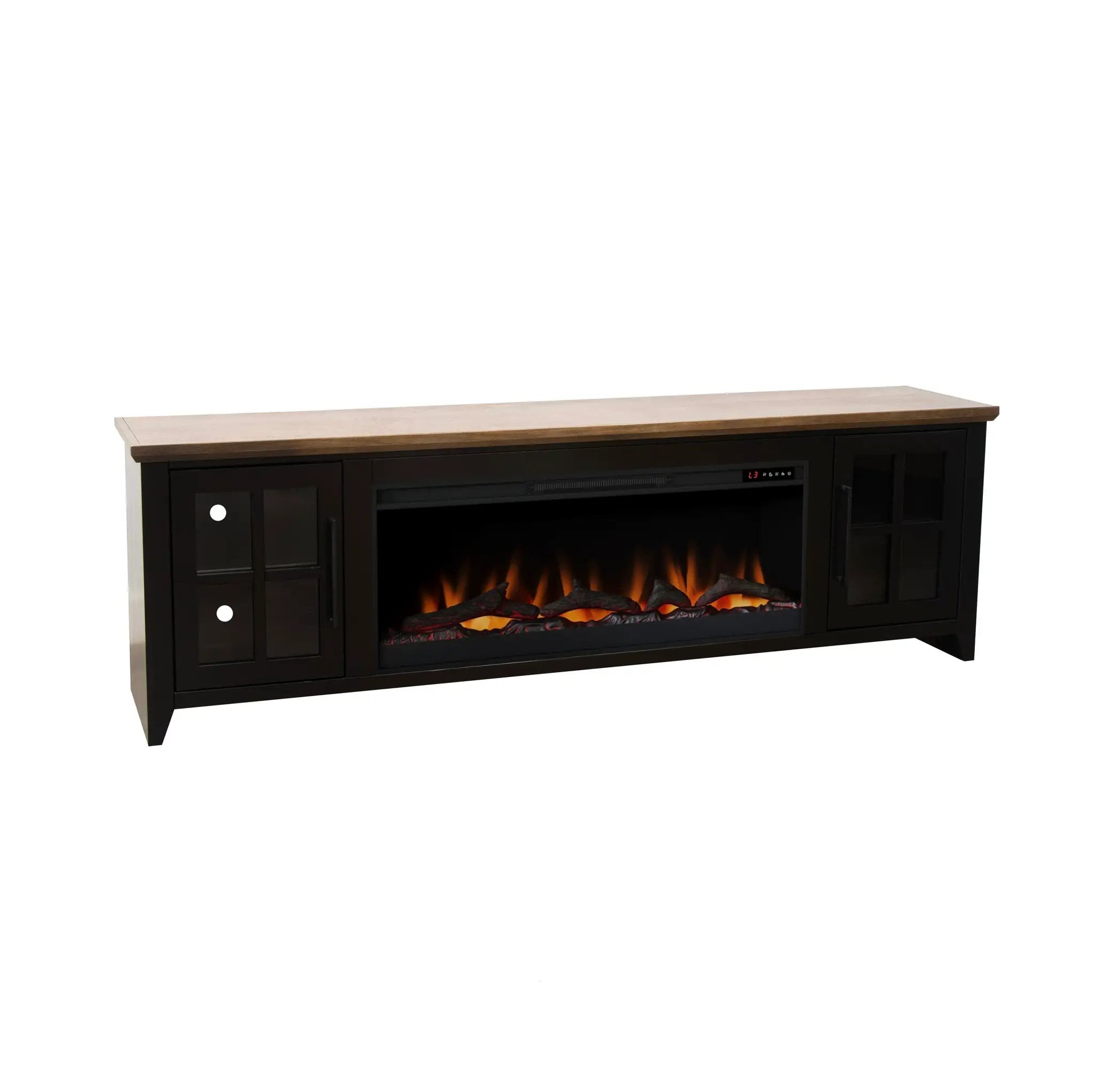 Nuvia 83-Inch Bourbon Black TV Stand With Fireplace And Glass Windowpane Doors (SAK40281) by SAKSBY WHOLESALE