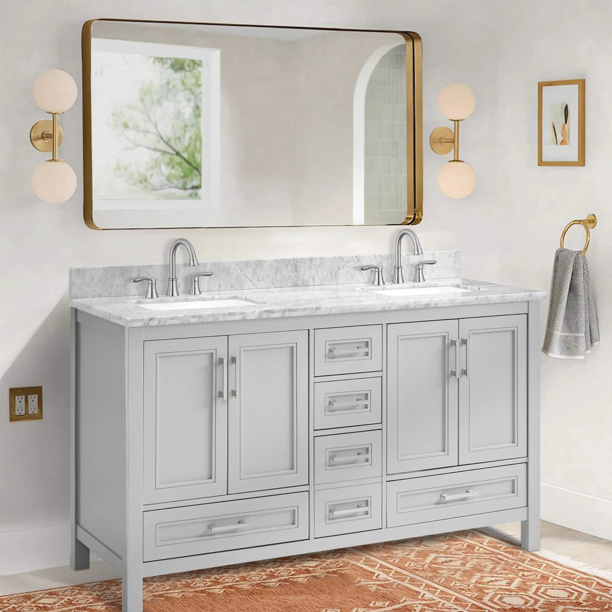 Nuvia Premium 60-Inch Freestanding Double Sink Bathroom Vanity With Carrara Marble Top (SAK51829) by SAKSBY WHOLESALE
