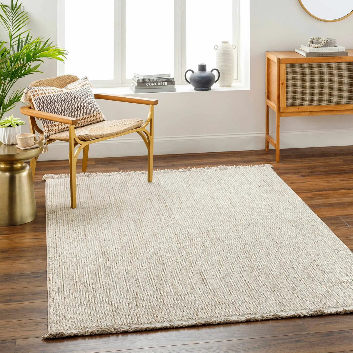 Gowan Beige Area Rug, installed in a room