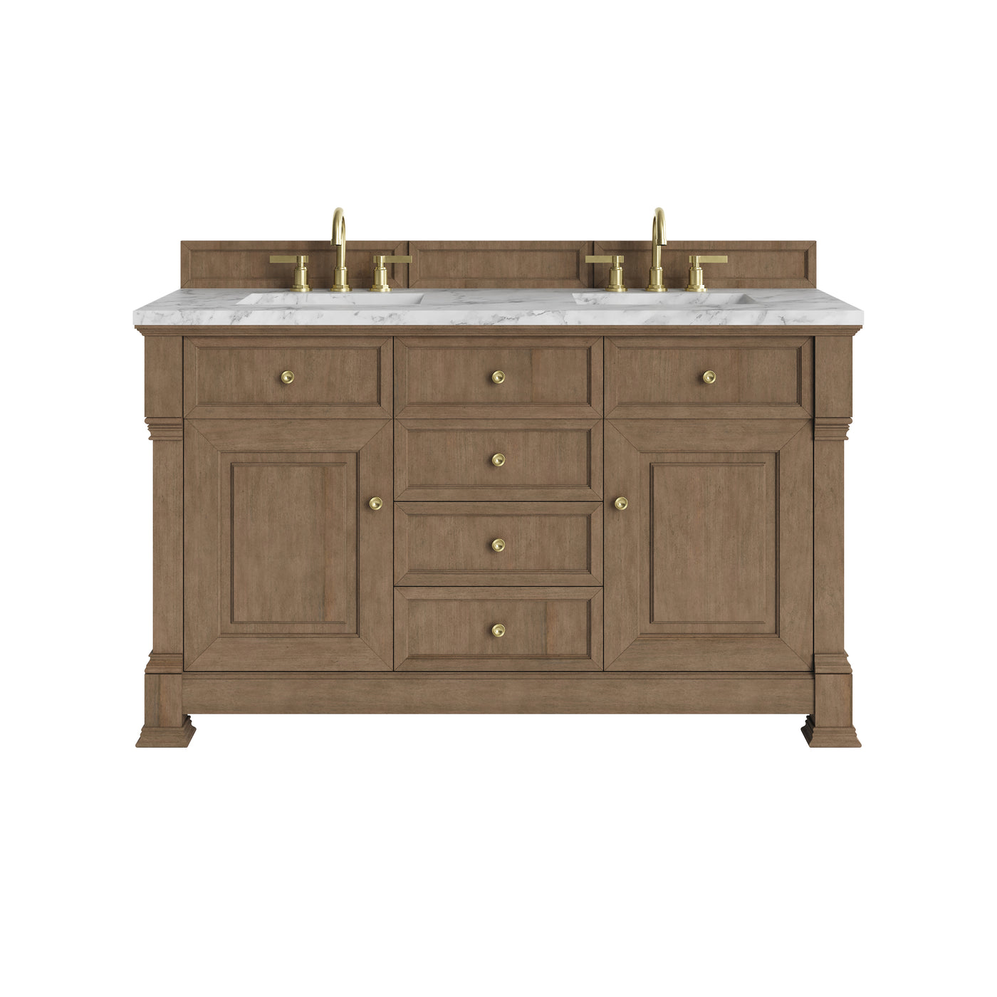 James Martin Brookfield 60" Double Bathroom Vanity, Pecan with Carrara White countertop