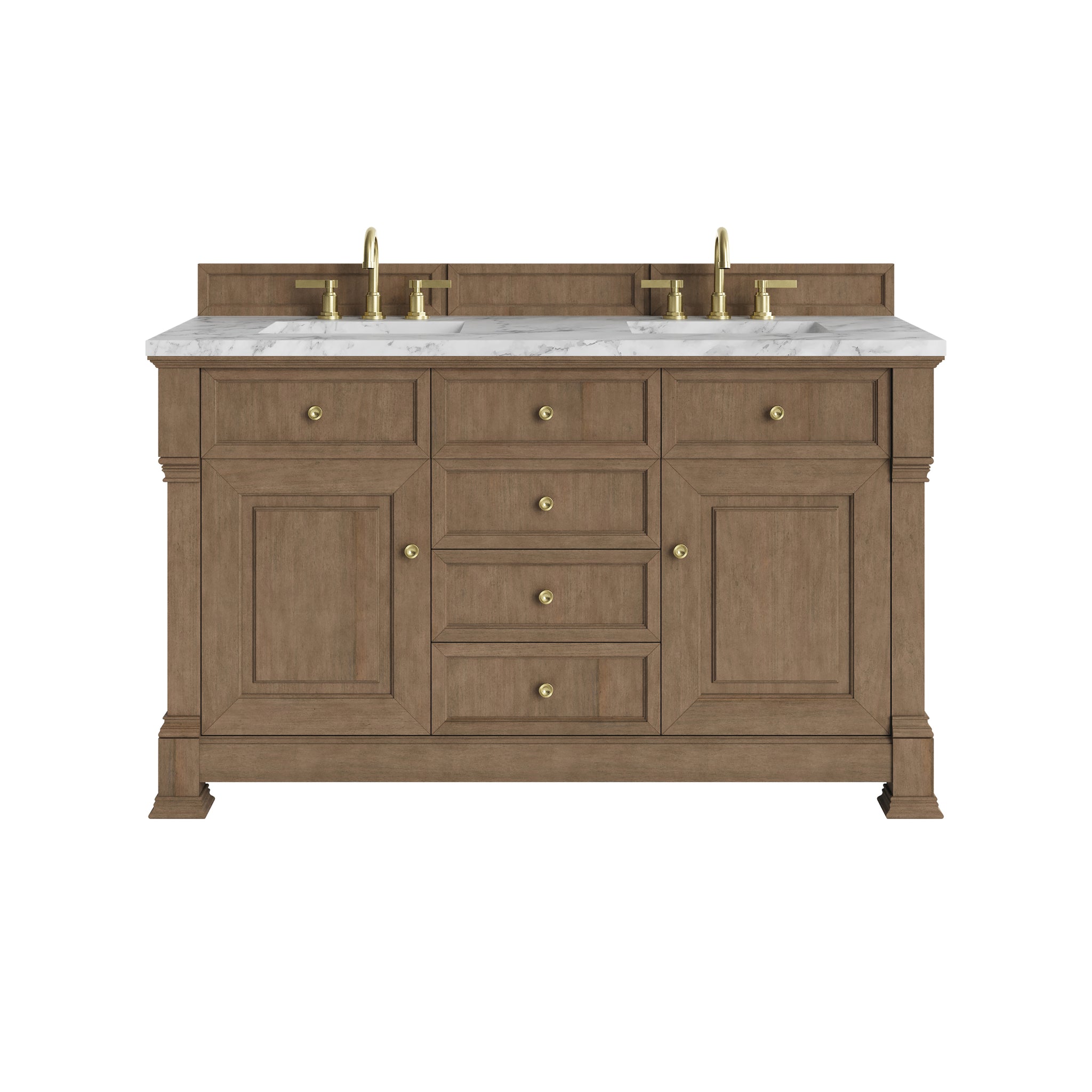 James Martin Brookfield 60" Double Bathroom Vanity, Pecan with Carrara White countertop