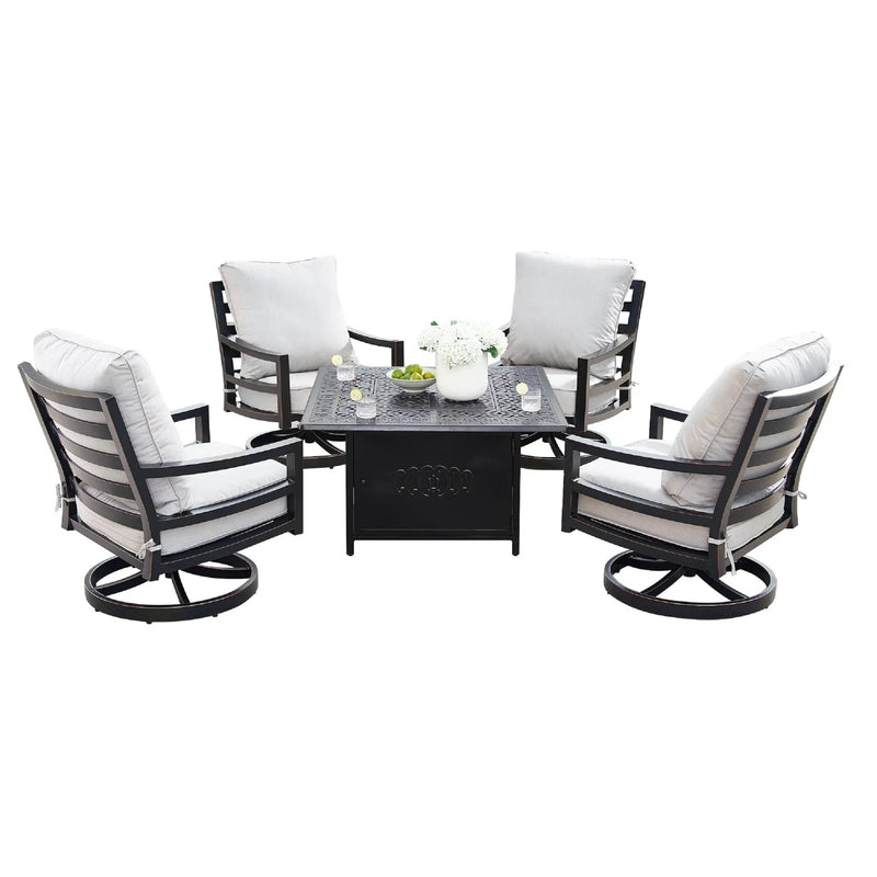 Aluminum 42-in Square Patio Fire Table Set with Swivel Rocking Chairs by Sharicks