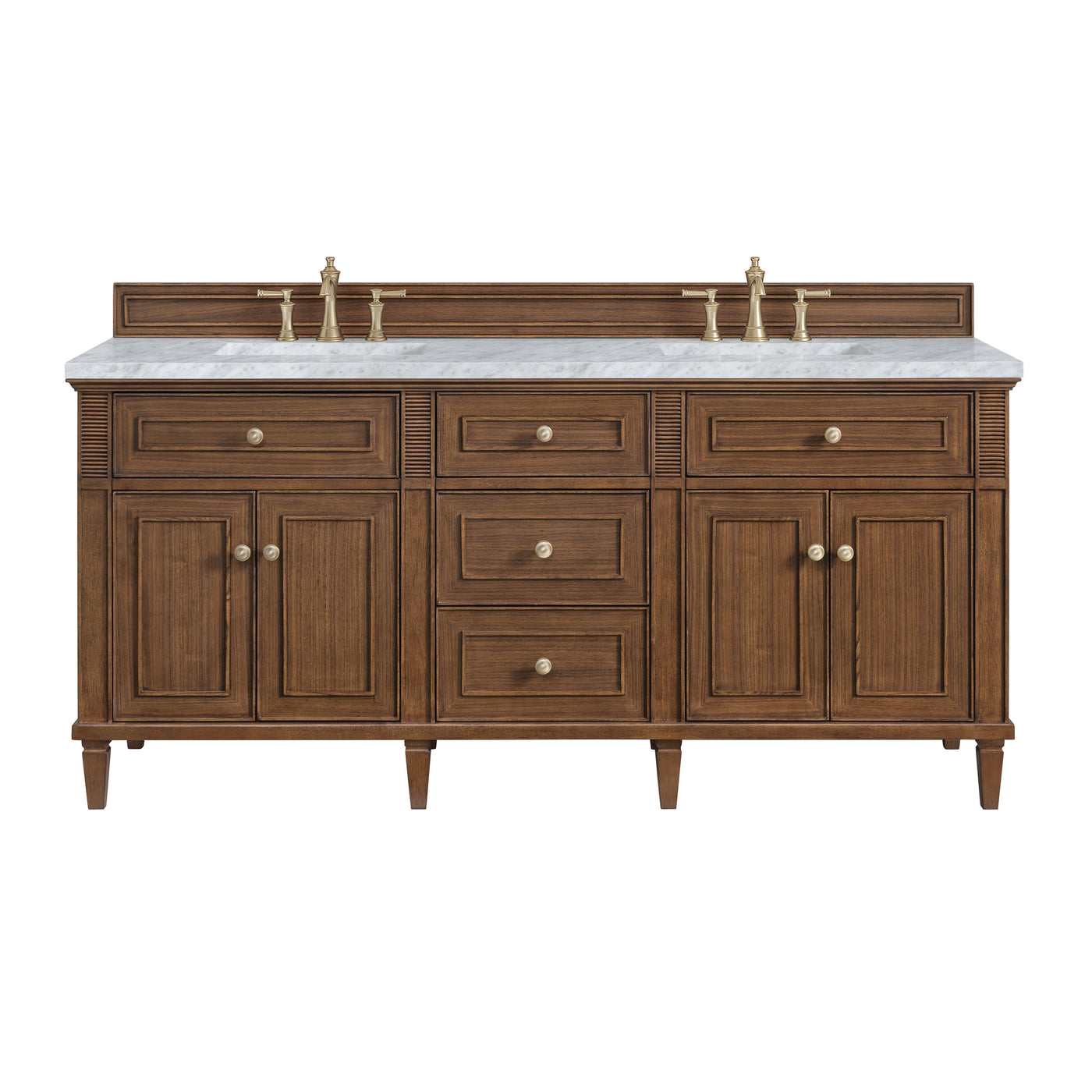 James Martin Lorelai 72" Double Bathroom Vanity, Mid-Century Walnut with Carrara White countertop