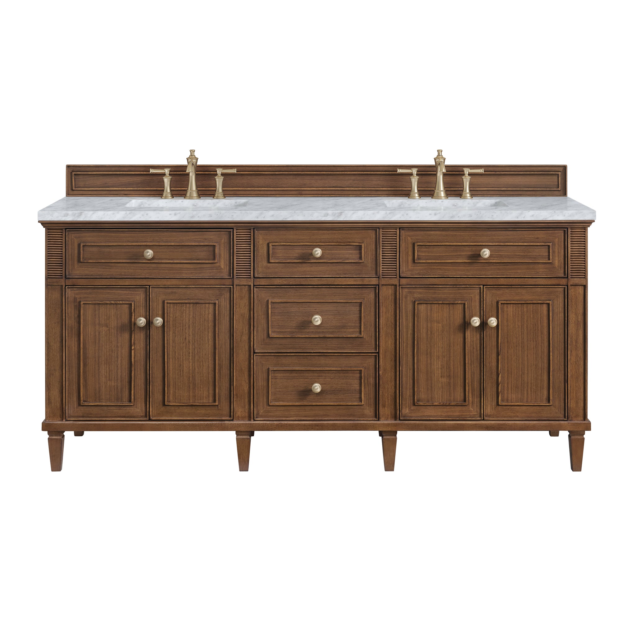 James Martin Lorelai 72" Double Bathroom Vanity, Mid-Century Walnut with Carrara White countertop