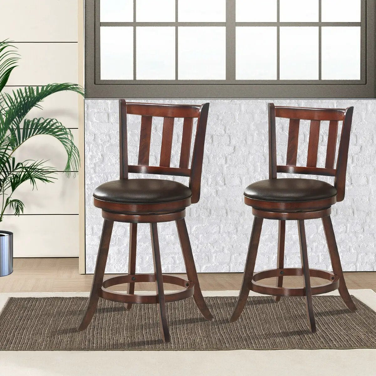 2 Pieces 360 Degree Swivel Wooden Counter Height Bar Stool Set with Cushioned Seat, photo 6 of 9