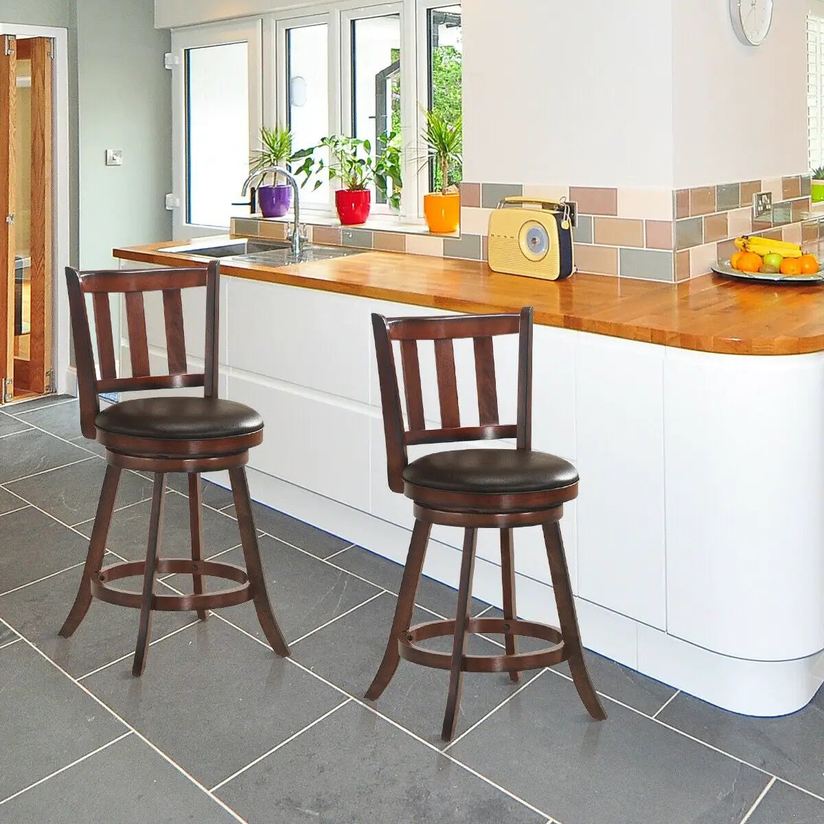 2 Pieces 360 Degree Swivel Wooden Counter Height Bar Stool Set with Cushioned Seat, photo 2 of 9