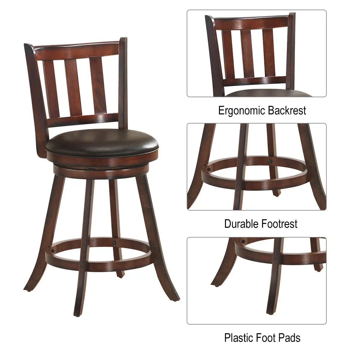 2 Pieces 360 Degree Swivel Wooden Counter Height Bar Stool Set with Cushioned Seat, photo 7 of 9