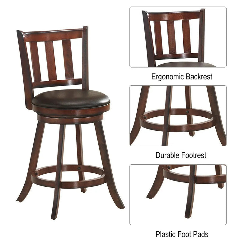 2 Pieces 360 Degree Swivel Wooden Counter Height Bar Stool Set with Cushioned Seat by DirectDeals