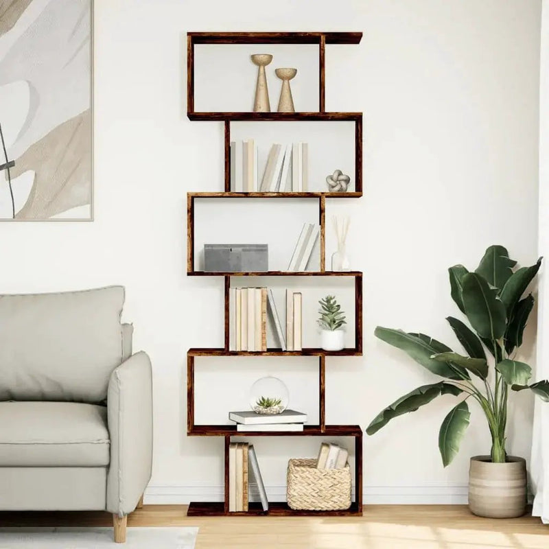 Oak Room Divider Bookcase with Smoked Finish and Storage by House Of Avana
