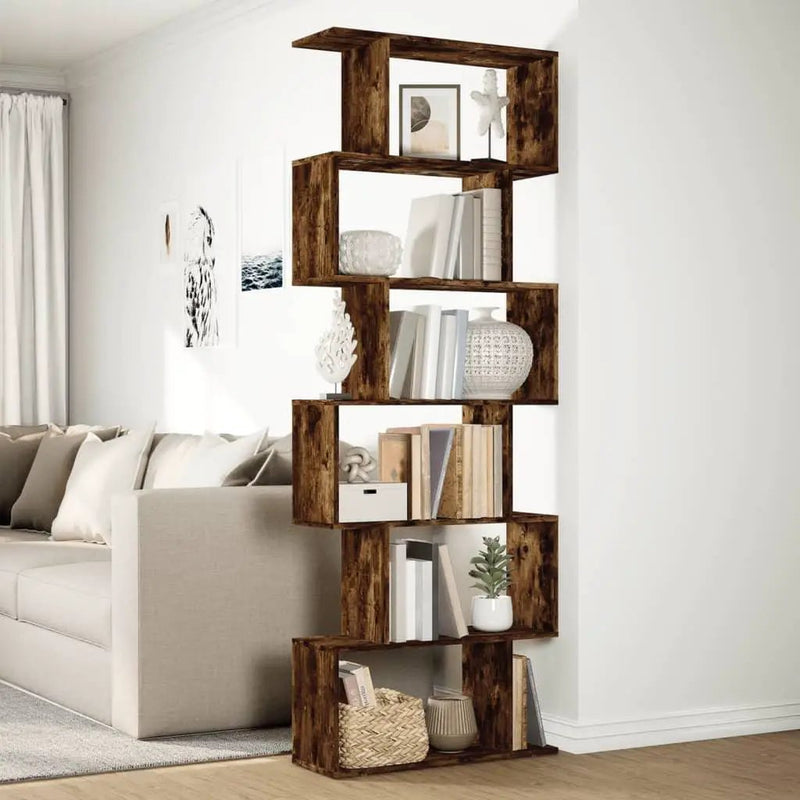 Oak Room Divider Bookcase with Smoked Finish and Storage by House Of Avana