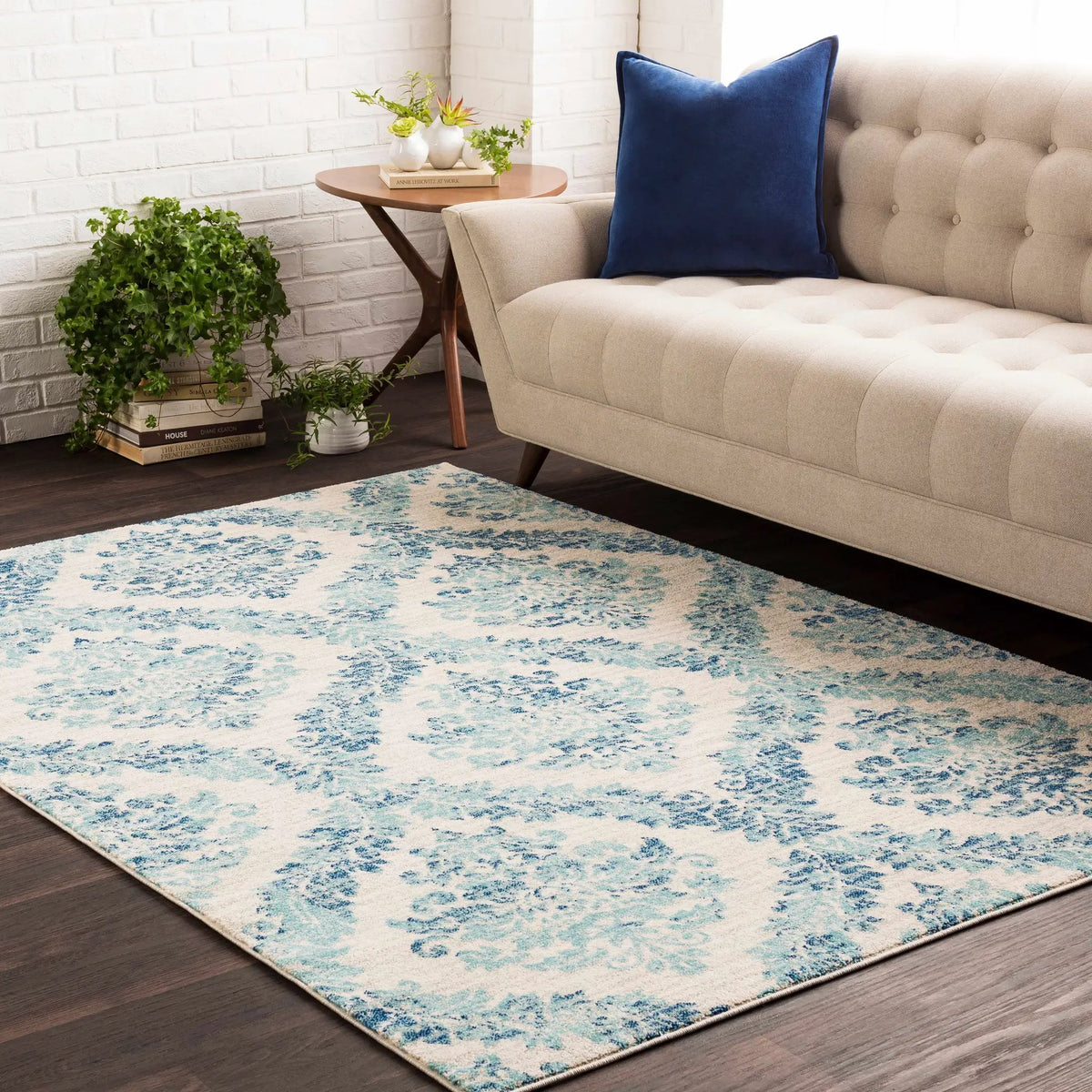 Oaklyn Teal Floral Diamonds Rug, installed in a room 2