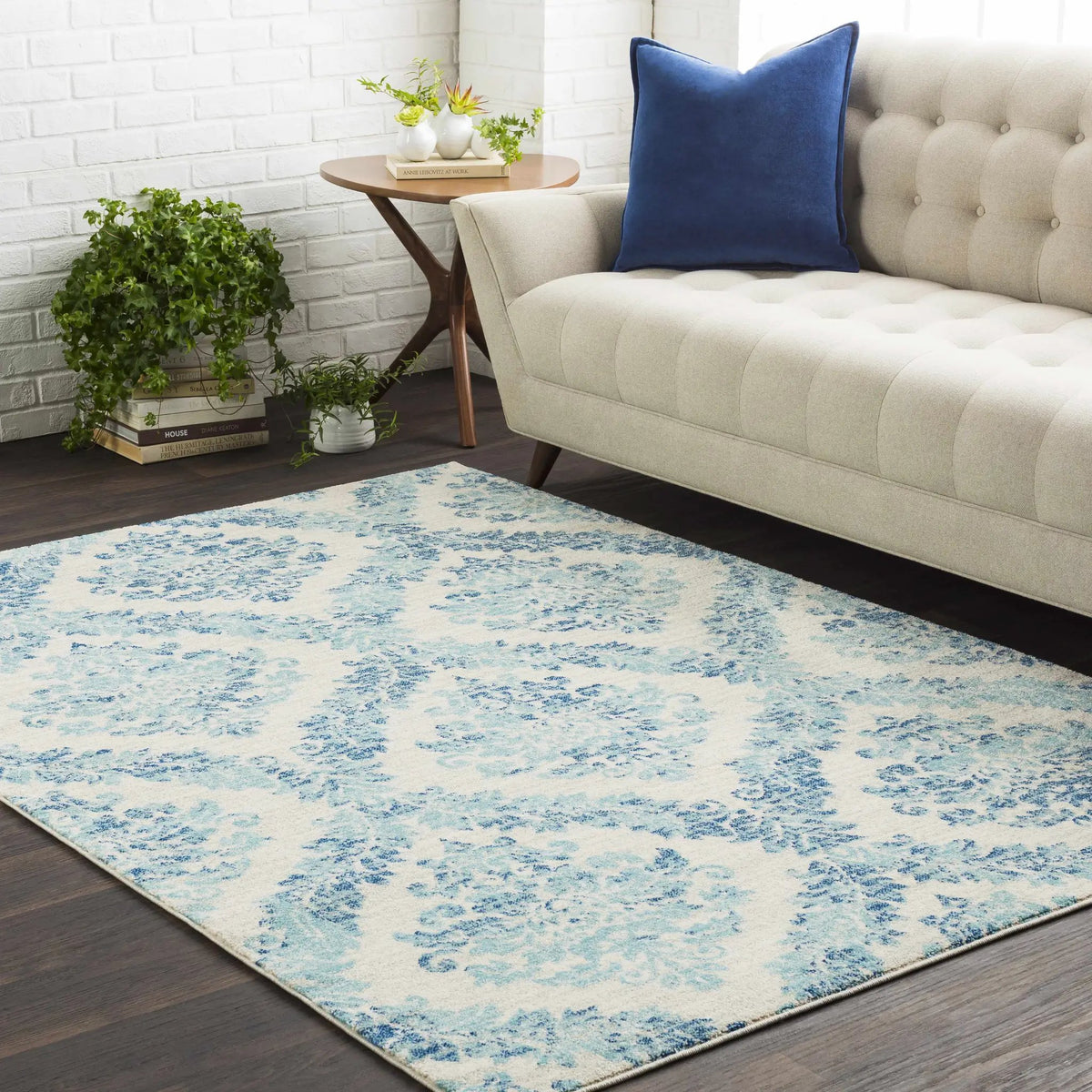Oaklyn Teal Floral Diamonds Rug, installed in a room