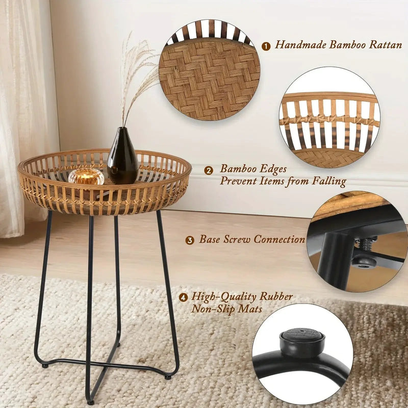 Oakrian Rattan Side Table Nesting Tables Set Of 2, Bamboo Round Table Coffee Table Metal Base End Table for Boho Living Room, Sofa, Bedroom, Terrace, Accent Table(20.47inch) by House Of Avana