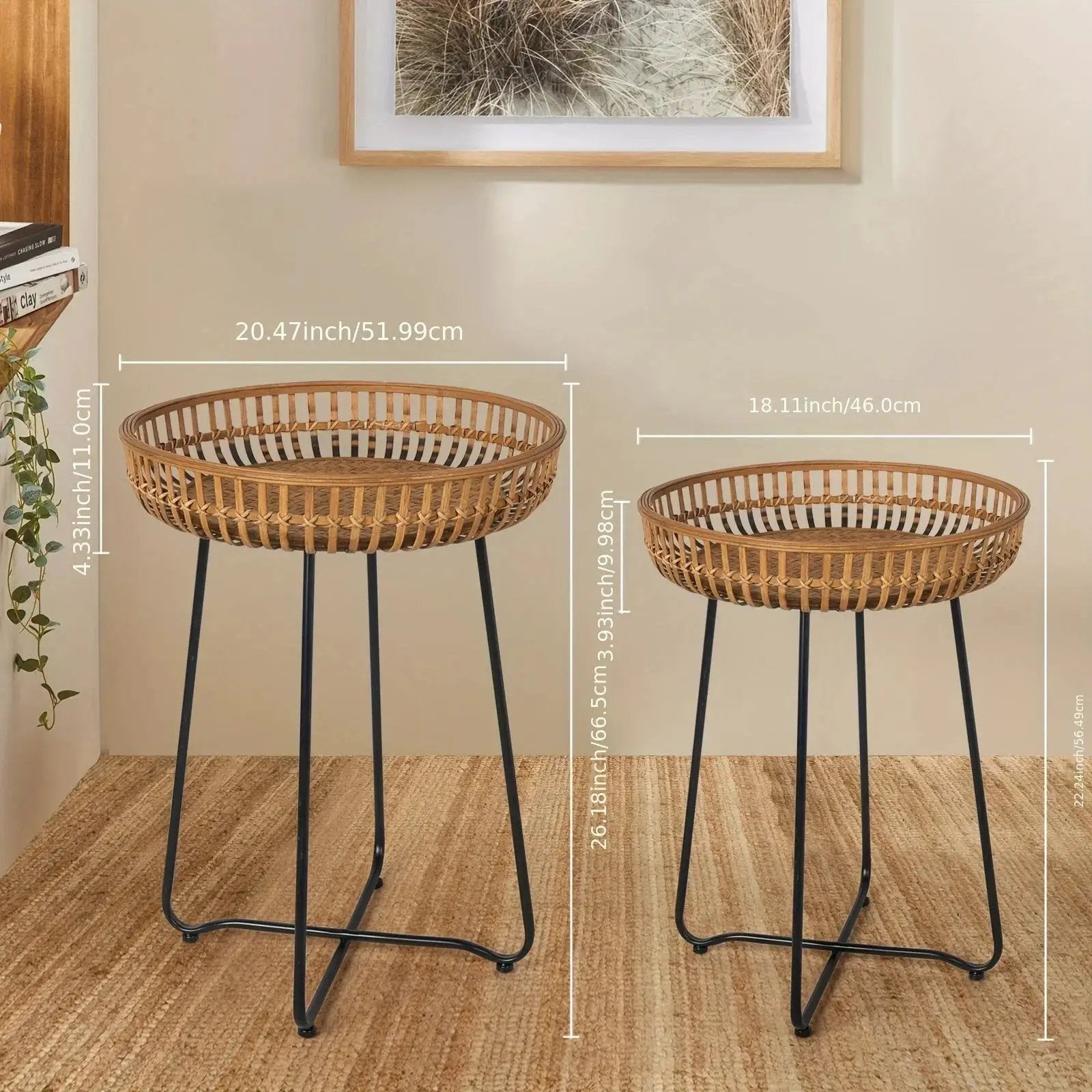 Oakrian Rattan Side Table Nesting Tables Set Of 2, Bamboo Round Table Coffee Table Metal Base End Table for Boho Living Room, Sofa, Bedroom, Terrace, Accent Table(20.47inch) by House Of Avana