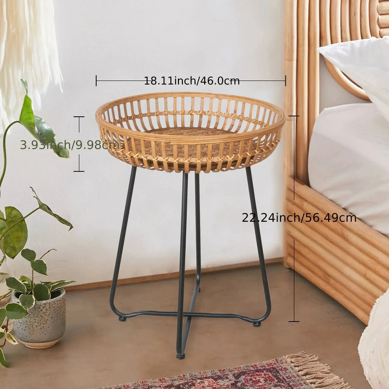 Oakrian Rattan Side Table Nesting Tables Set Of 2, Bamboo Round Table Coffee Table Metal Base End Table for Boho Living Room, Sofa, Bedroom, Terrace, Accent Table(20.47inch) by House Of Avana