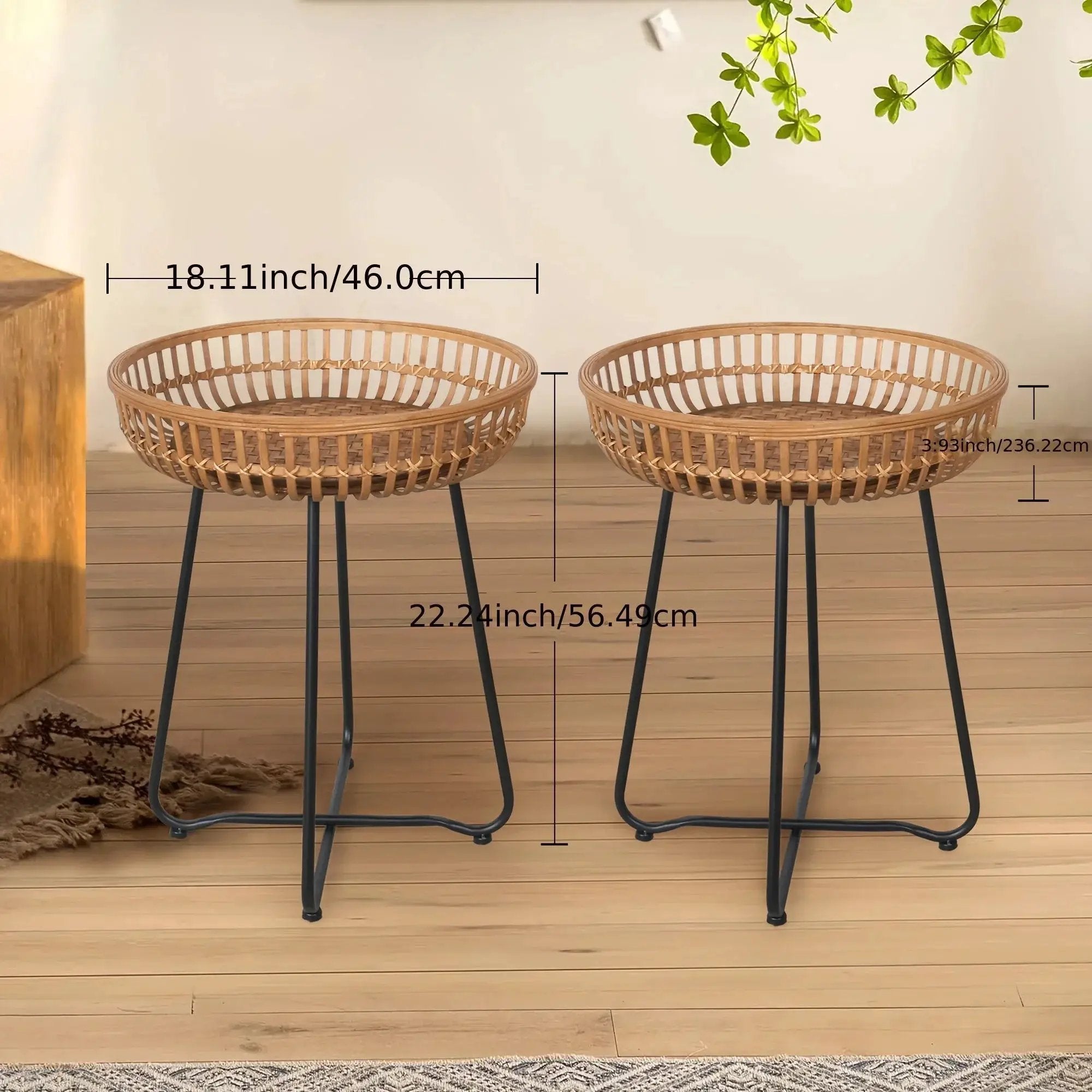 Oakrian Rattan Side Table Nesting Tables Set Of 2, Bamboo Round Table Coffee Table Metal Base End Table for Boho Living Room, Sofa, Bedroom, Terrace, Accent Table(20.47inch) by House Of Avana
