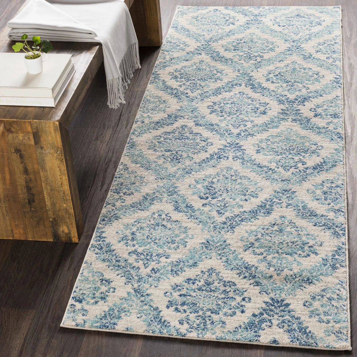 Oaklyn Teal Floral Diamonds Rug, installed in a room 3