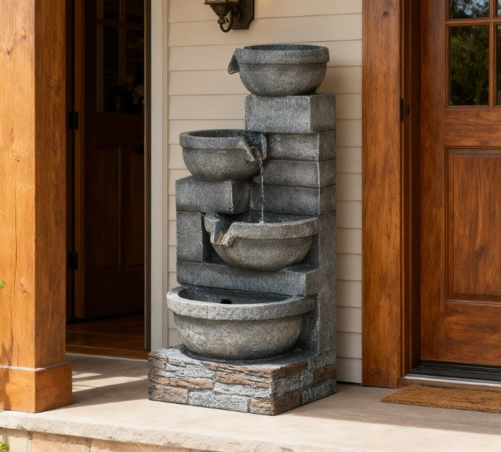 Resin Offset Bowl Cascading Outdoor Water Fountain with LED, photo 6 of 7