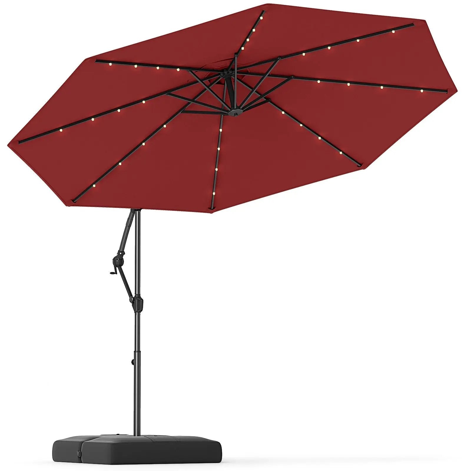 10 Feet Solar Offset Hanging Umbrella with Base and 32 LED Lights-Wine by DirectDeals