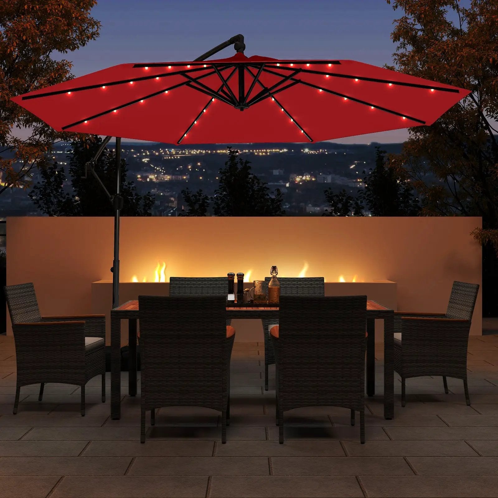 10 Feet Solar Offset Hanging Umbrella with Base and 32 LED Lights-Wine by DirectDeals